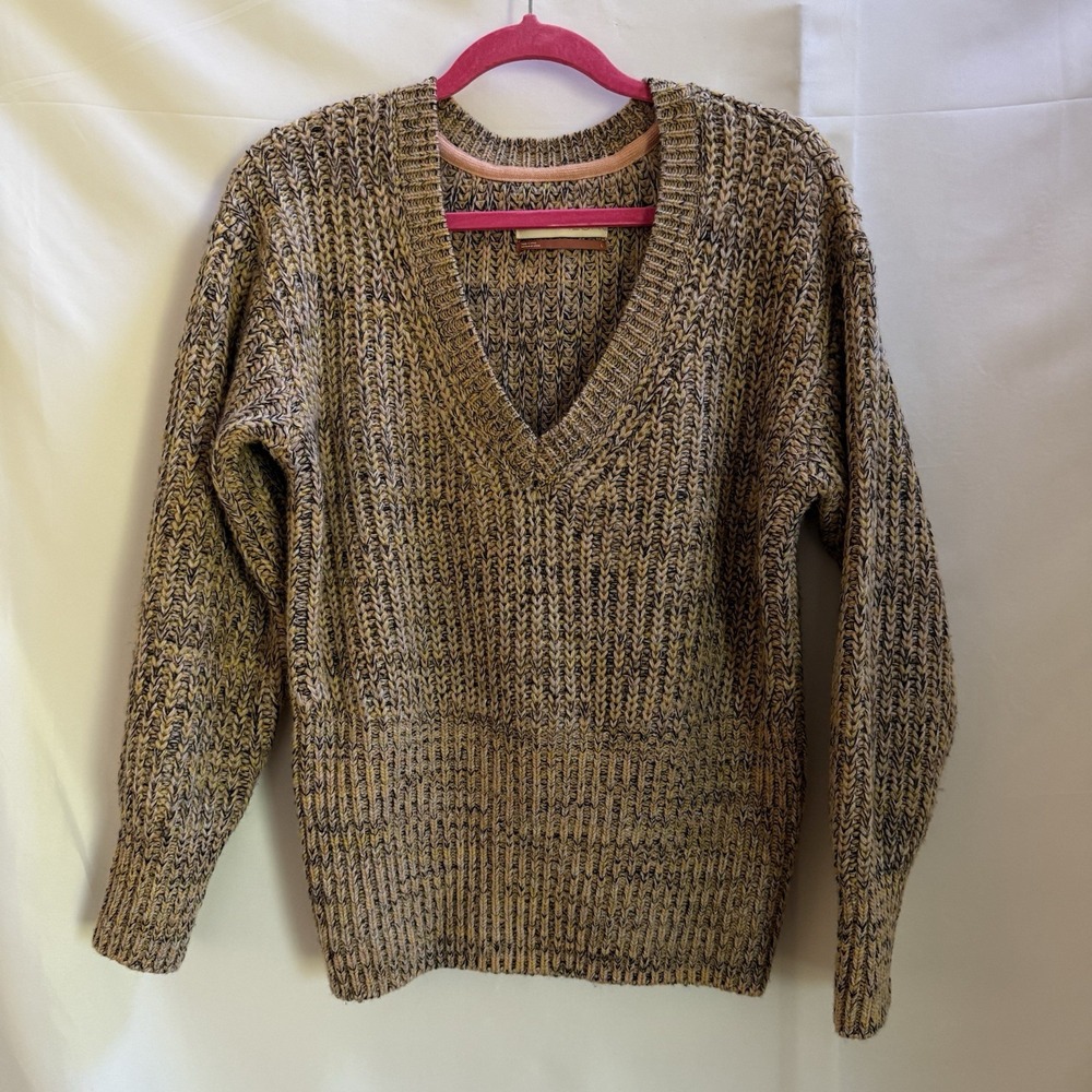 Anthropologie Pilcro Marled Chunky V-Neck Wool Blend Knit Sweater Size L Brown